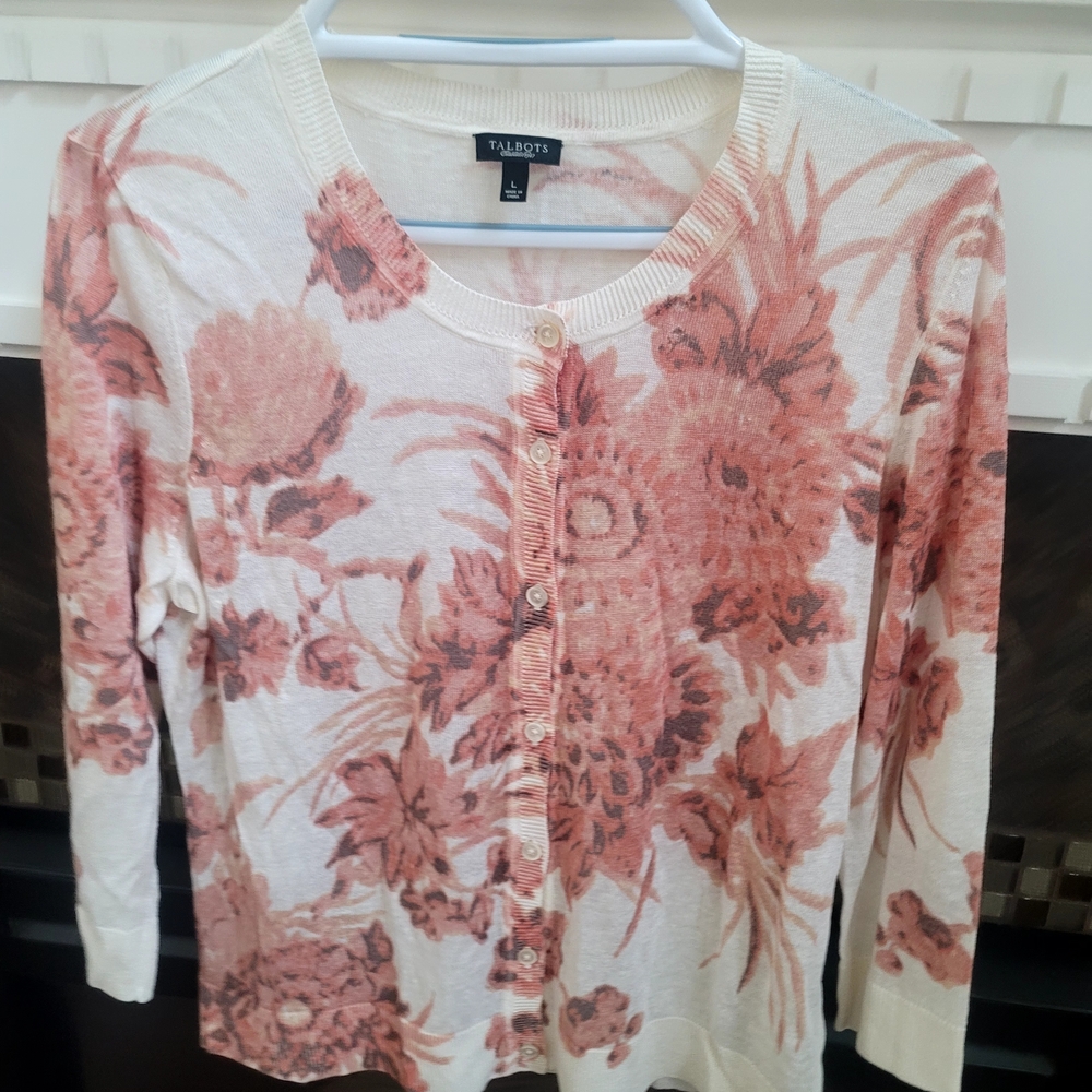 Talbots Floral Crew Neck Sweater - Cream and Pink